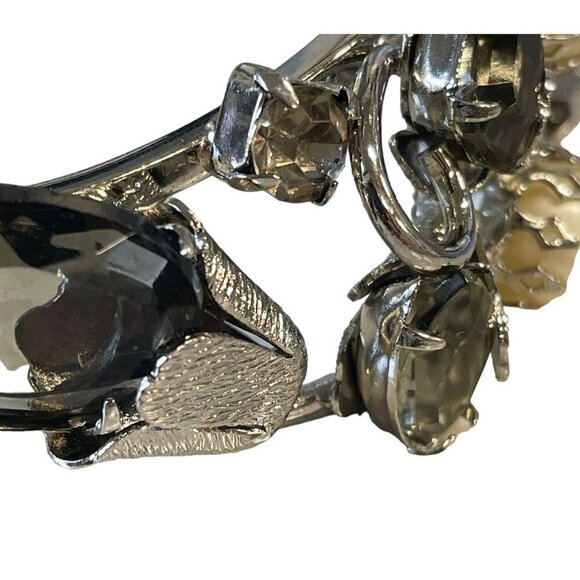 Vintage Silver-Tone Bracelet with Faux Pearls & Smoky Quartz Crystals Statement - Picture 9 of 15